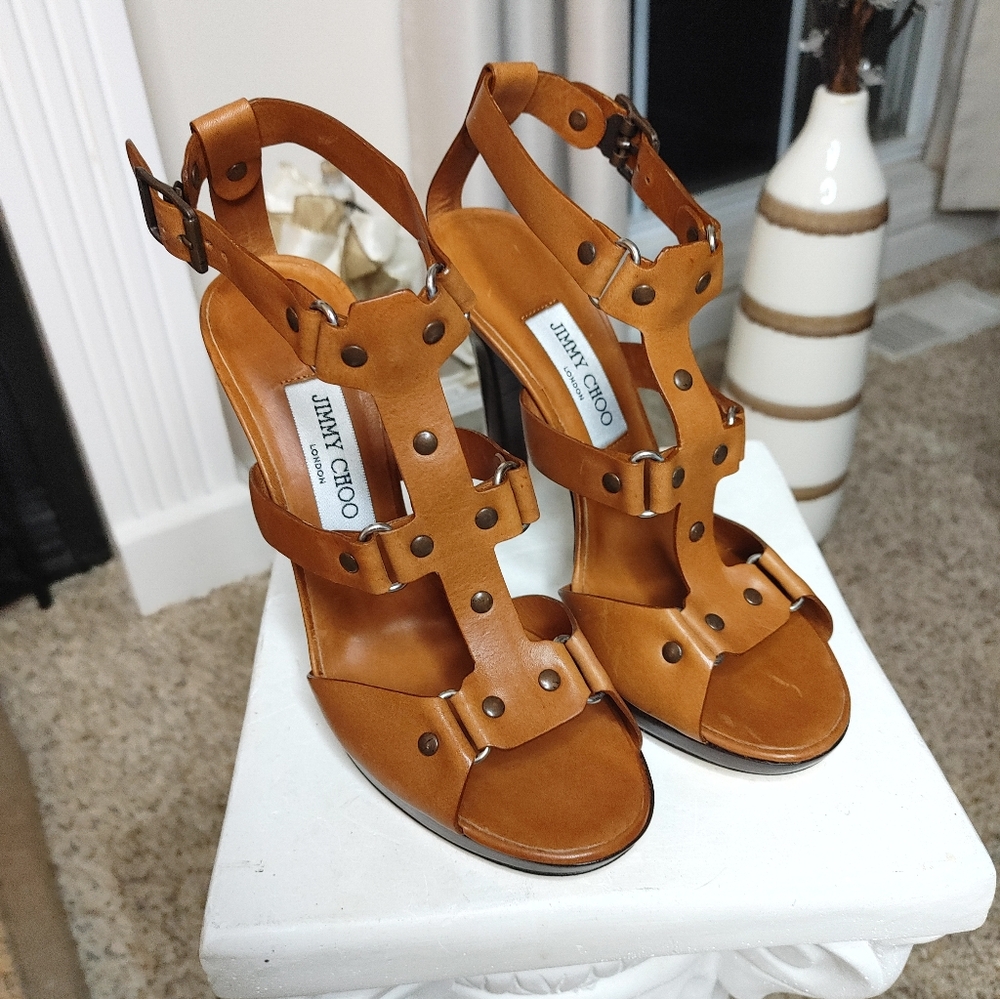 JIMMY CHOO "PRIZE" LEATHER GLADIATOR SANDAL, 39.5